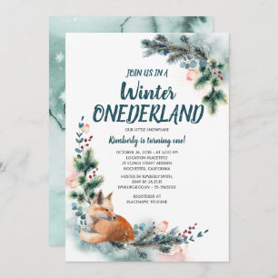 Fox Woodland Winter Onederland Baby Birthday Party Invitation