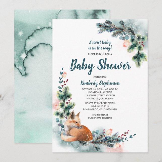 Fox Woodland Winter Wonderland Baby Shower Invitation (Front/Back)