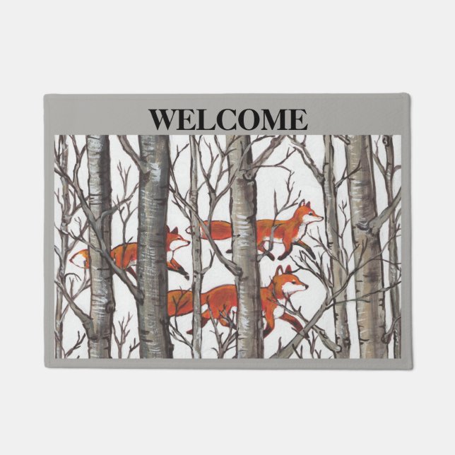 Fox Woods Gray Welcome Doormat Personalize (Front)