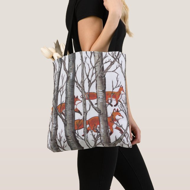 Fox Woods Wildlife Nature Trees Snow Gray Art Tote Bag (Close Up)