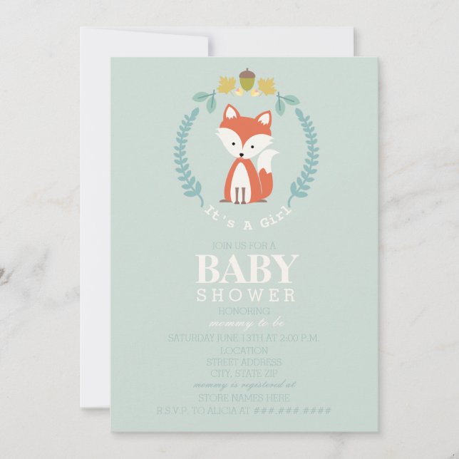 Fox Wreath Baby Shower - Girl Invitation (Front)