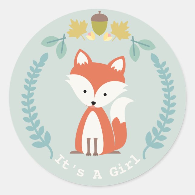 Fox Wreath Girl Baby Shower Classic Round Sticker (Front)