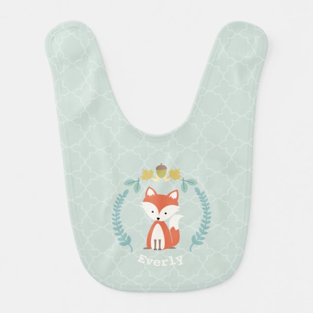 Fox Wreath Quatrefoil Personalized Baby Girl Bib (Front)
