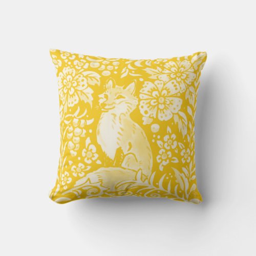 Fox Yellow Woodland Animal Floral Damask Tapestry Throw Pillow