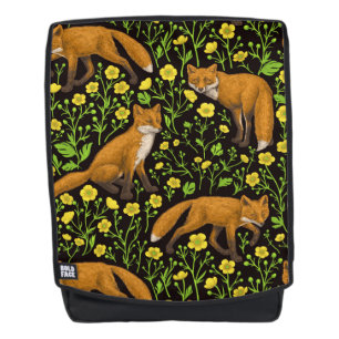 Foxes and buttercups on black backpack