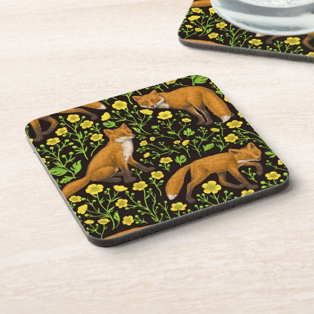 Foxes and buttercups on black beverage coaster (Left Side)