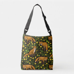 Foxes and buttercups on black crossbody bag