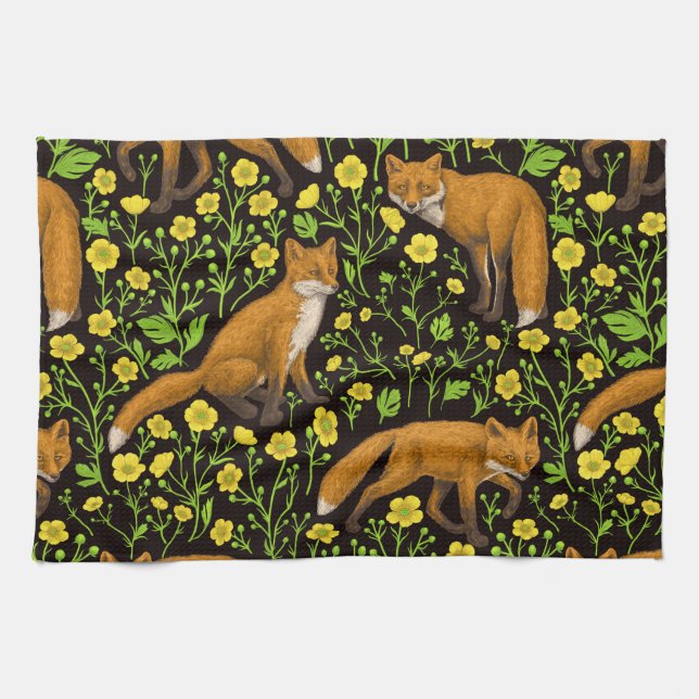 Foxes and buttercups on black kitchen towel (Horizontal)