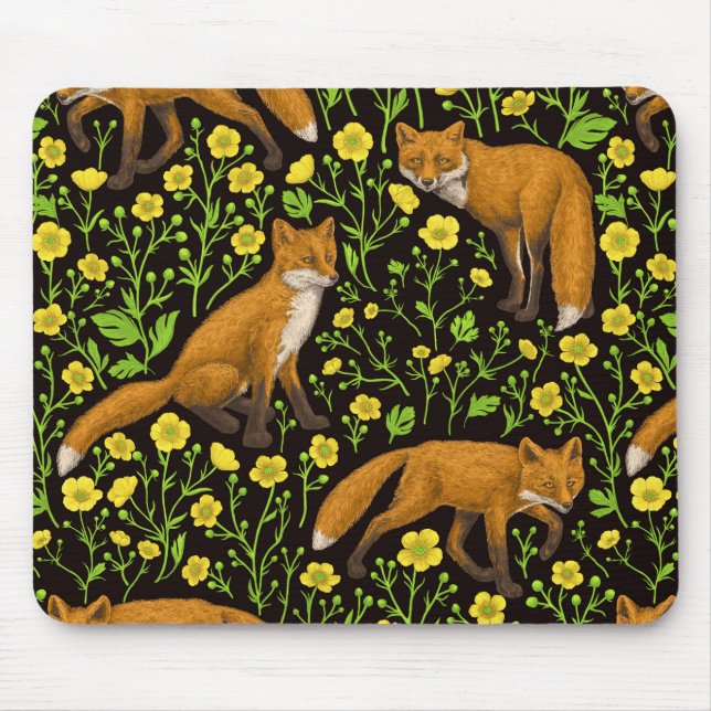 Foxes and buttercups on black mouse pad (Front)