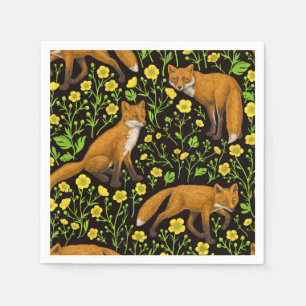 Foxes and buttercups on black napkins