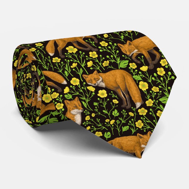 Foxes and buttercups on black neck tie (Rolled)