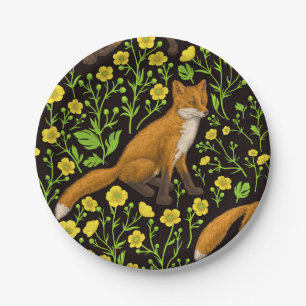 Foxes and buttercups on black paper plates