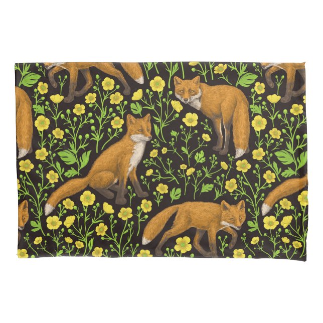 Foxes and buttercups on black pillow case (Front-Left)