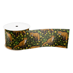 Foxes and buttercups on black satin ribbon