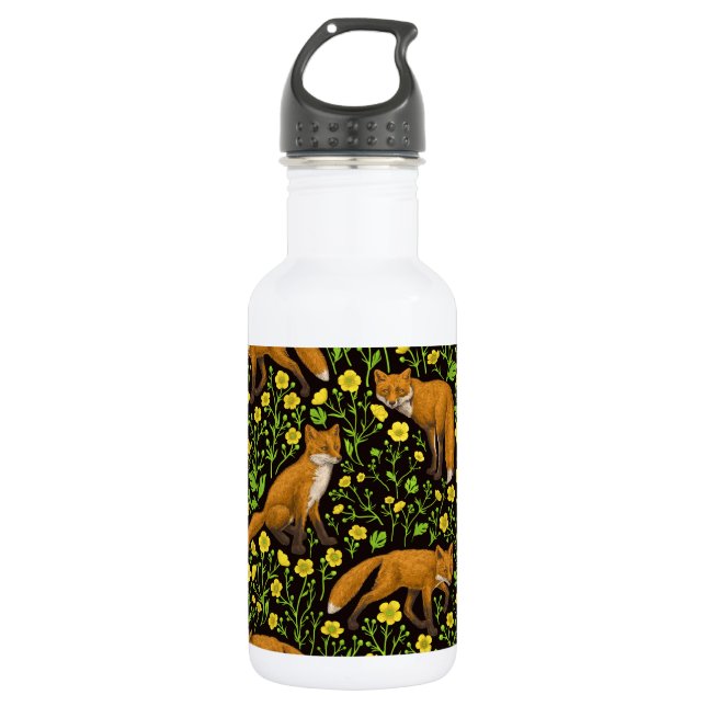 Foxes and buttercups on black stainless steel water bottle (Front)
