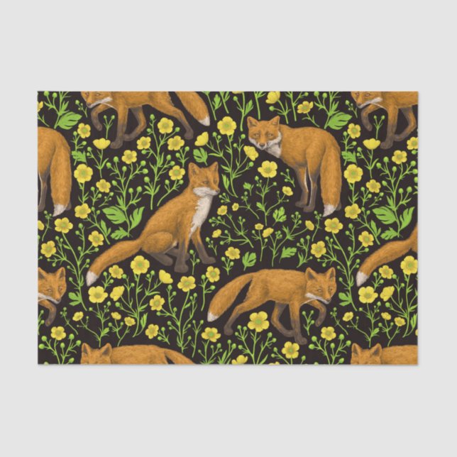 Foxes and buttercups on black tissue paper (Front)