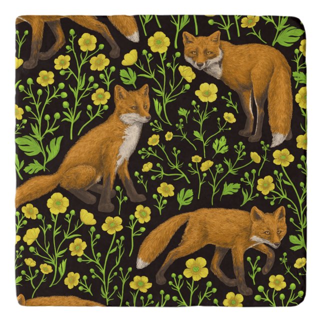 Foxes and buttercups on black trivet (Front)