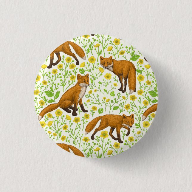 Foxes and buttercups on natural white button (Front)
