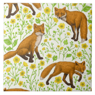 Foxes and buttercups on natural white ceramic tile