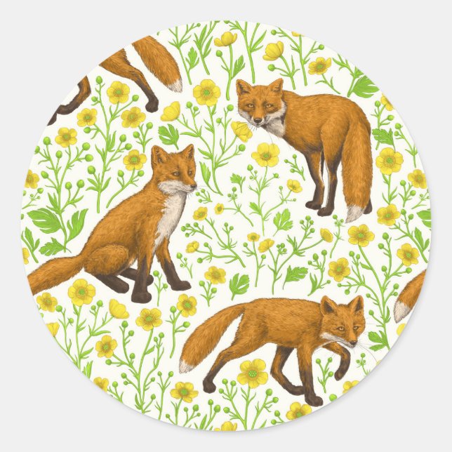 Foxes and buttercups on natural white classic round sticker (Front)