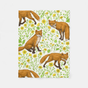 Foxes and buttercups on natural white fleece blanket