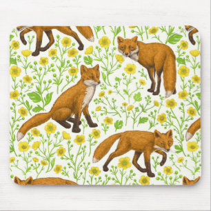 Foxes and buttercups on natural white mouse pad