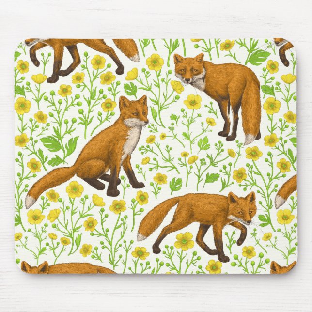 Foxes and buttercups on natural white mouse pad (Front)