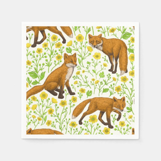 Foxes and buttercups on natural white napkins (Front)