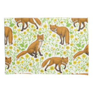 Foxes and buttercups on natural white pillow case
