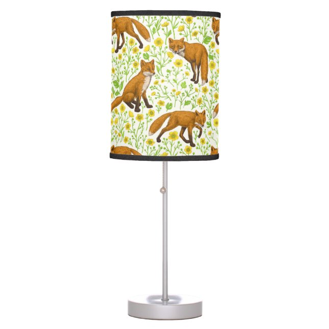 Foxes and buttercups on natural white table lamp (Front)