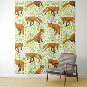 Foxes and buttercups on natural white tapestry