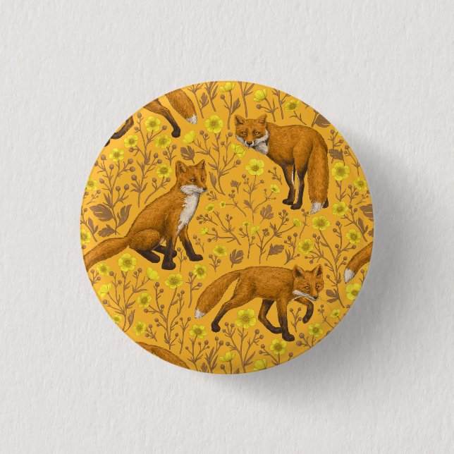 Foxes and buttercups on orange button (Front)