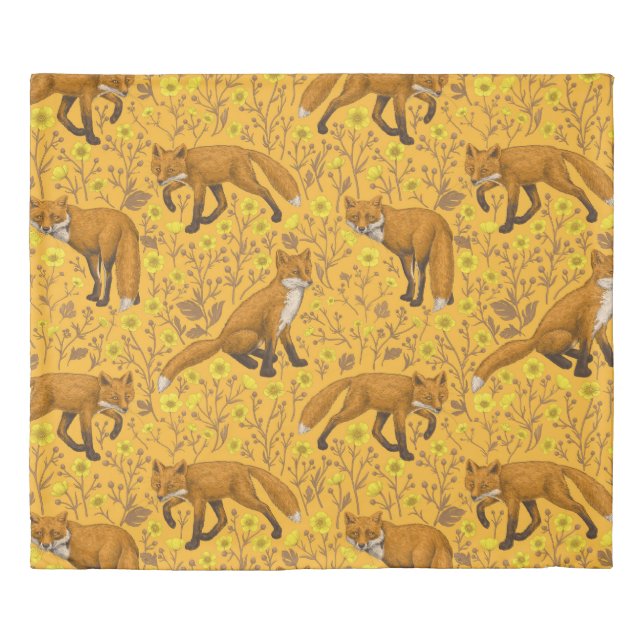 Foxes and buttercups on orange duvet cover (Front)