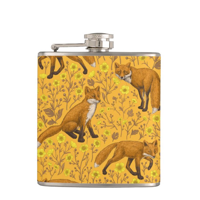 Foxes and buttercups on orange flask (Front)
