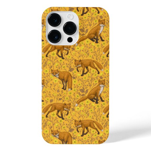 Foxes and buttercups on orange iPhone 14 pro max case