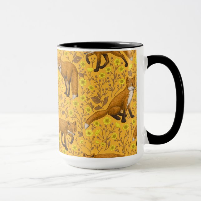 Foxes and buttercups on orange mug (Right)