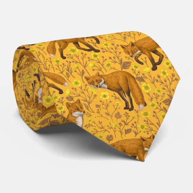 Foxes and buttercups on orange neck tie (Rolled)