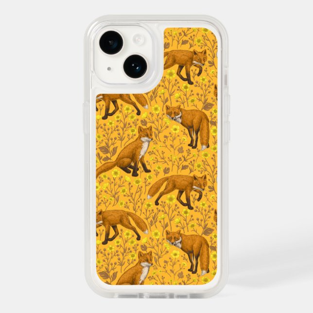 Foxes and buttercups on orange otterbox iPhone case (Back)