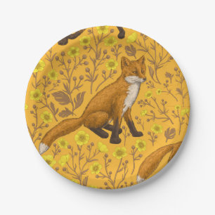 Foxes and buttercups on orange paper plates