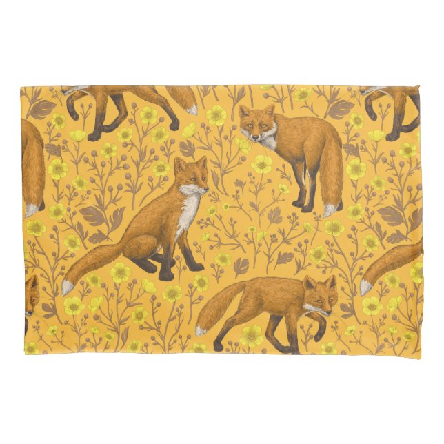 Foxes and buttercups on orange pillow case (Front-Left)