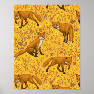 Foxes and buttercups on orange poster