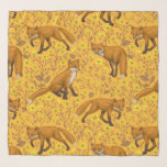 Foxes and buttercups on orange scarf<br><div class="desc">Hand-painted pattern with foxes and buttercups</div>