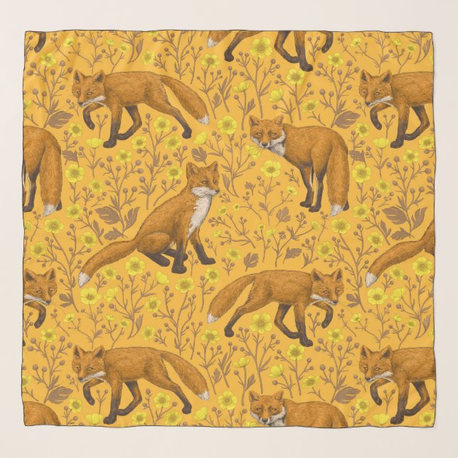 Foxes and buttercups on orange scarf (Front)