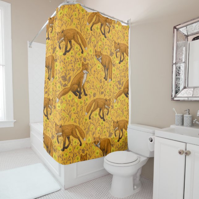 Foxes and buttercups on orange shower curtain (In Situ)
