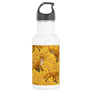 Foxes and buttercups on orange stainless steel water bottle
