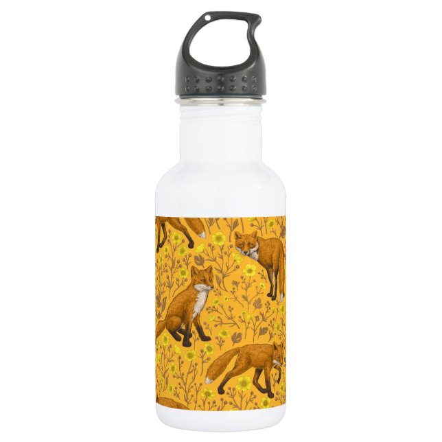 Foxes and buttercups on orange stainless steel water bottle (Front)