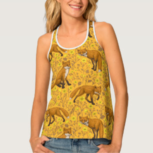 Foxes and buttercups on orange tank top