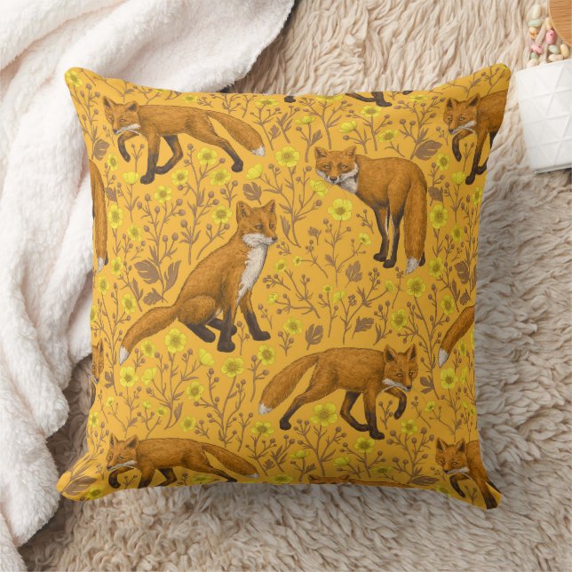 Foxes and buttercups on orange throw pillow (Blanket)