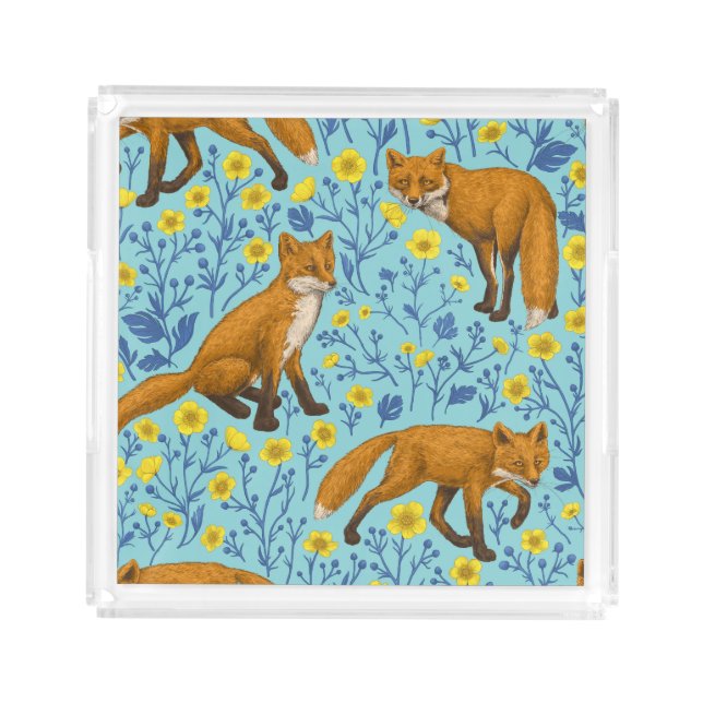 Foxes and buttercups on pool blue acrylic tray (Front)