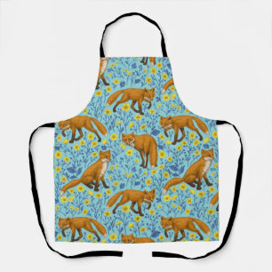 Foxes and buttercups on pool blue apron